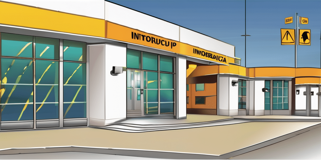 Fachada ilustrada de tienda moderna, señales de tráfico visibles.