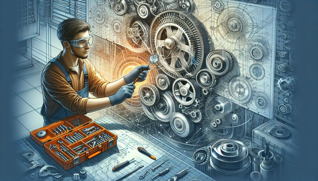 Ilustración de ingeniero con engranajes y herramientas.