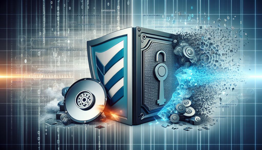 Caja fuerte digital desintegrándose con llave y discos.