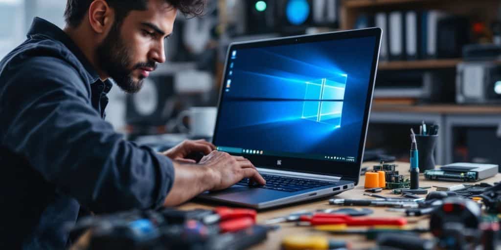 Técnico reparando una computadora portátil con Windows 10.