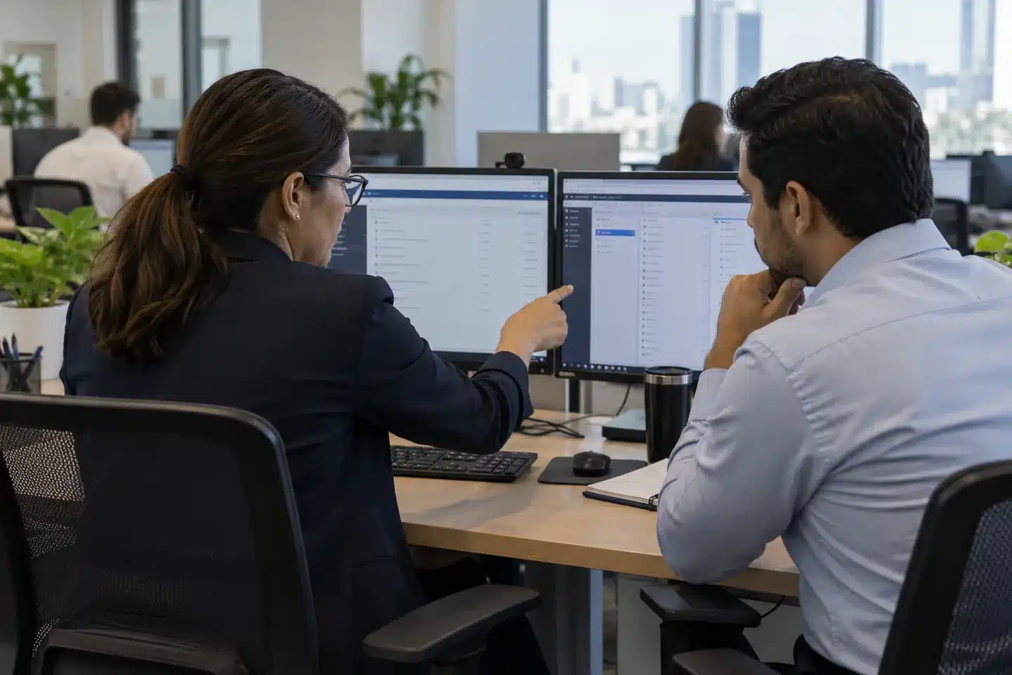 Revisión técnica de accesos y equipos de empresa Profesional de TI y administrador revisando información en dos monitores de una oficina
