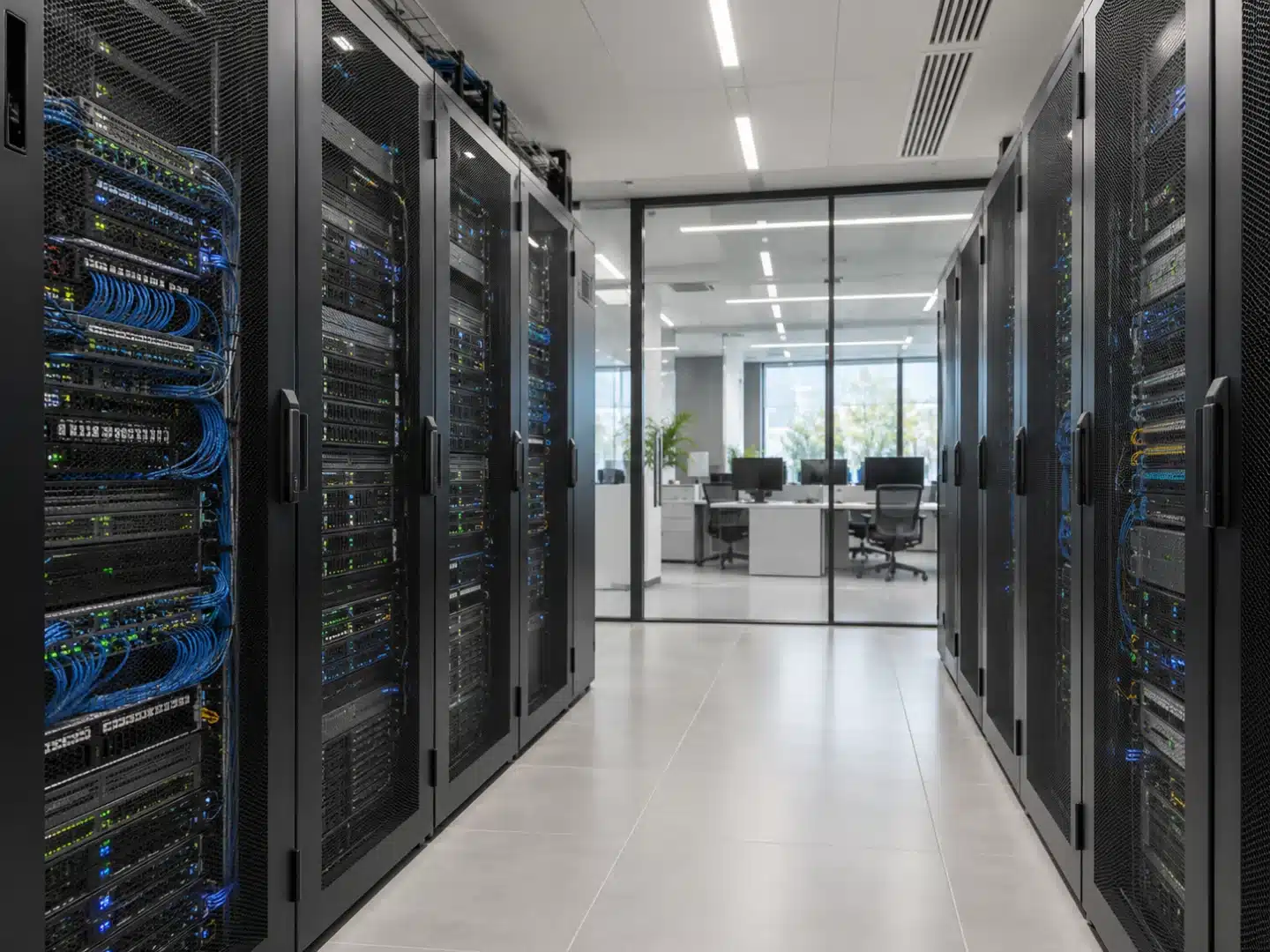 Soporte, Outsourcing TI y Ciber Seguridad Para Equipo de Computo a Empresas Mexico 1 Imagen ilustrativa de infraestructura TI empresarial: servidores y oficina tecnológica